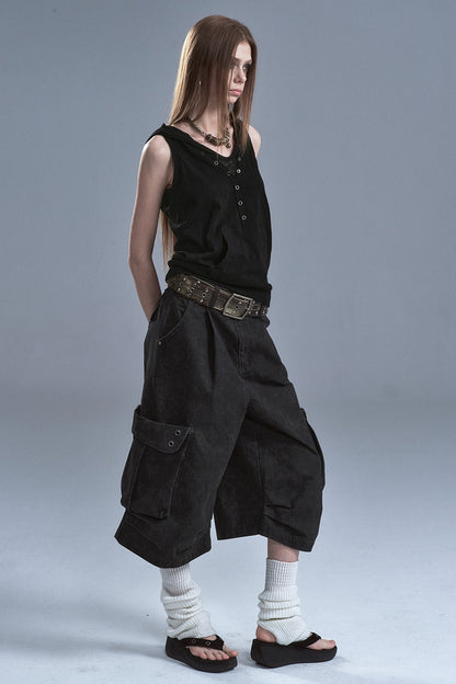 Hooded Patchwork Kangaroo Pocket Sleeveless Tank