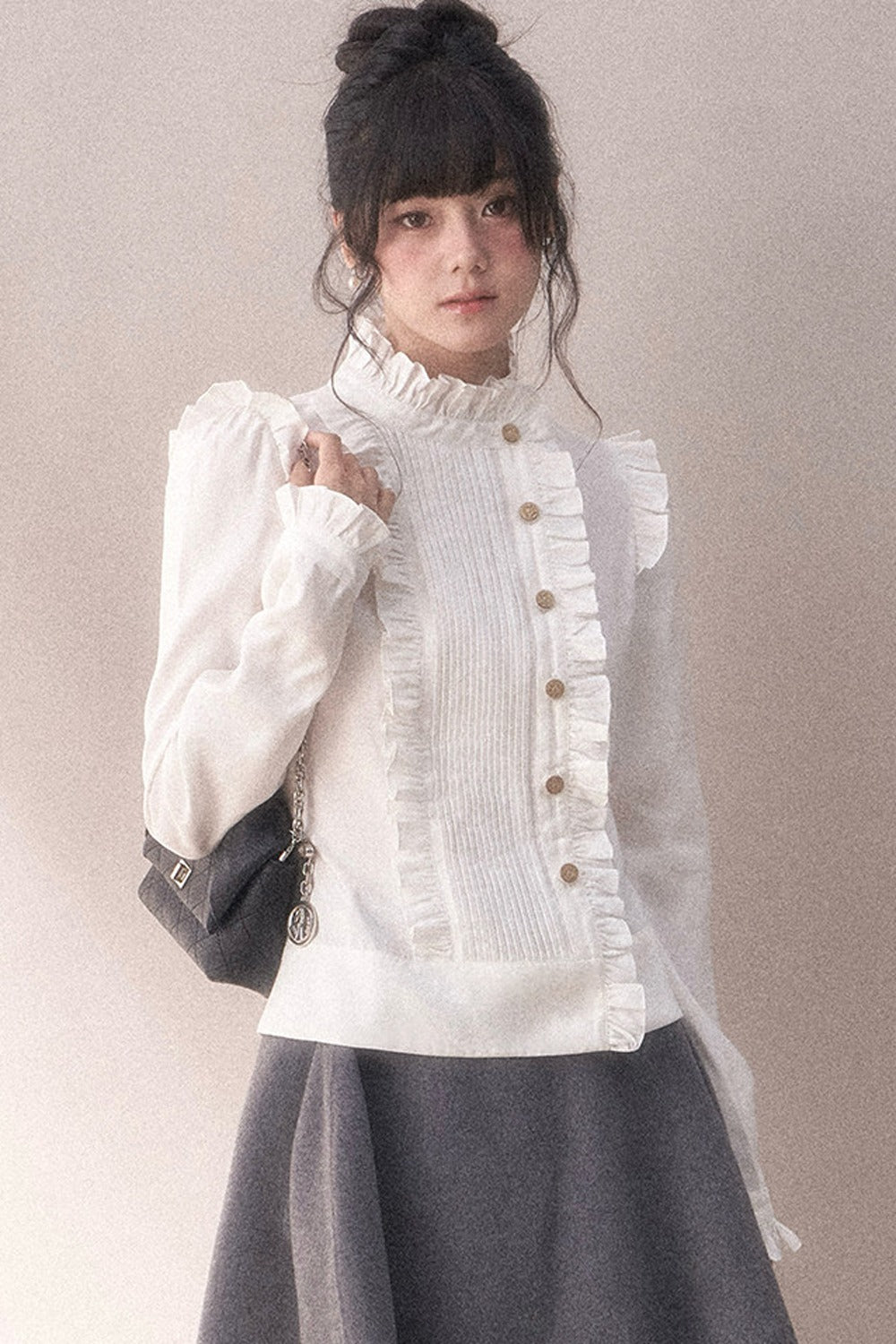 Pleated Lace Ruffle Asymmetrical Long-Sleeved Shirt