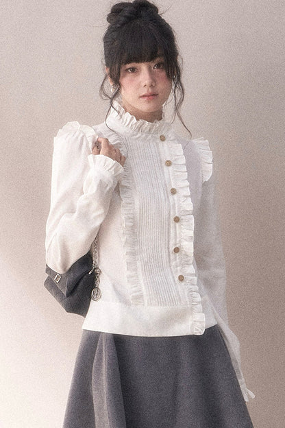 Pleated Lace Ruffle Asymmetrical Long-Sleeved Shirt