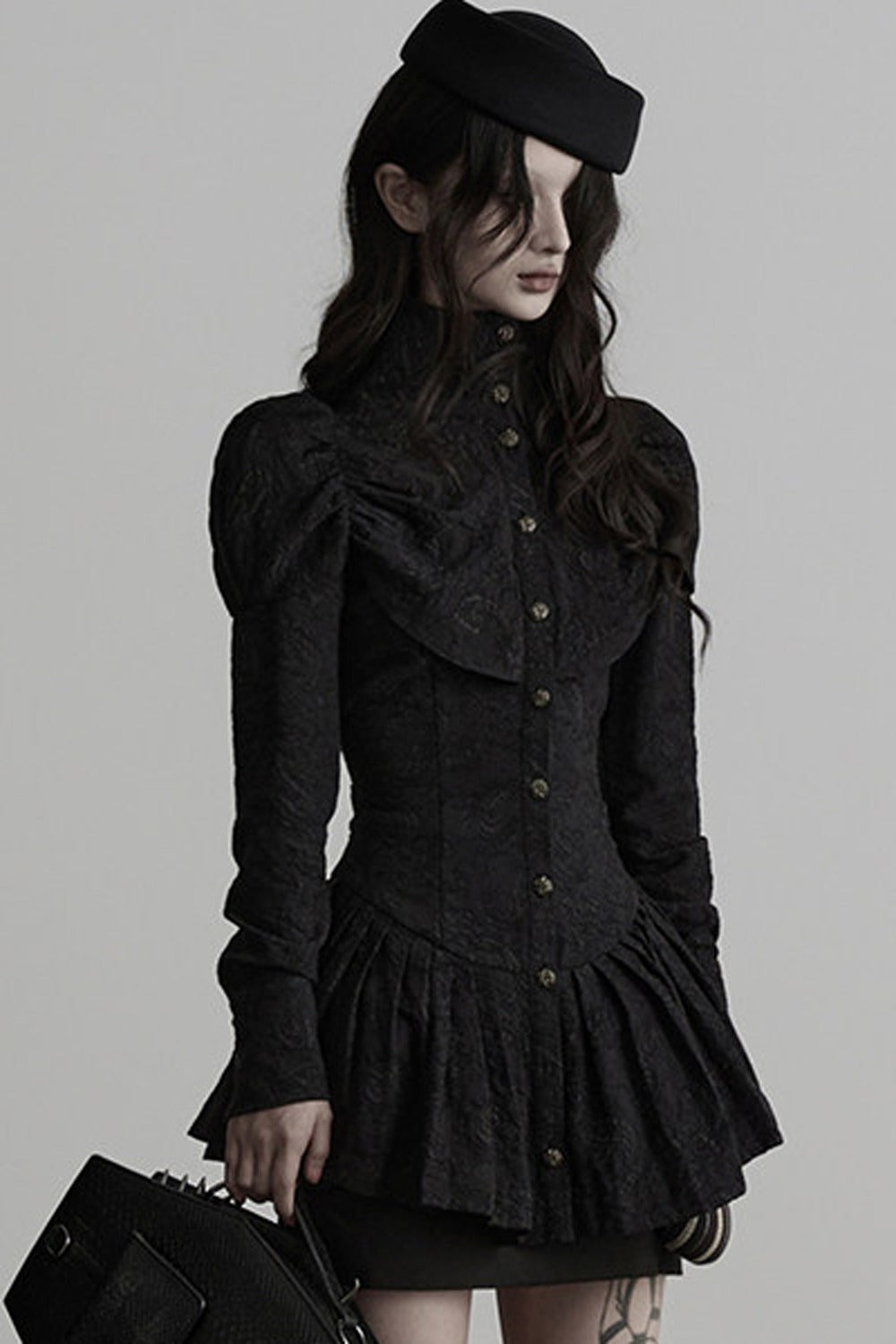 Jacquard Pleated Skirt-Style Hem Long-Sleeve Shirt