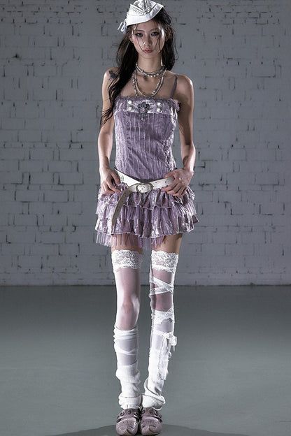 Abito camisole a balze in mesh di velluto
