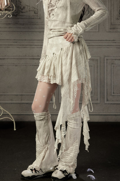 Asymmetrical Button Lace Train Skirt
