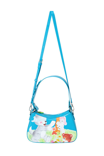Blue Animal Illustration Flower Crossbody Bag