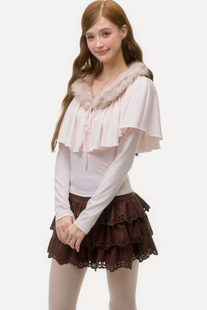 Large Ruffle Cape Shawl Fur Top