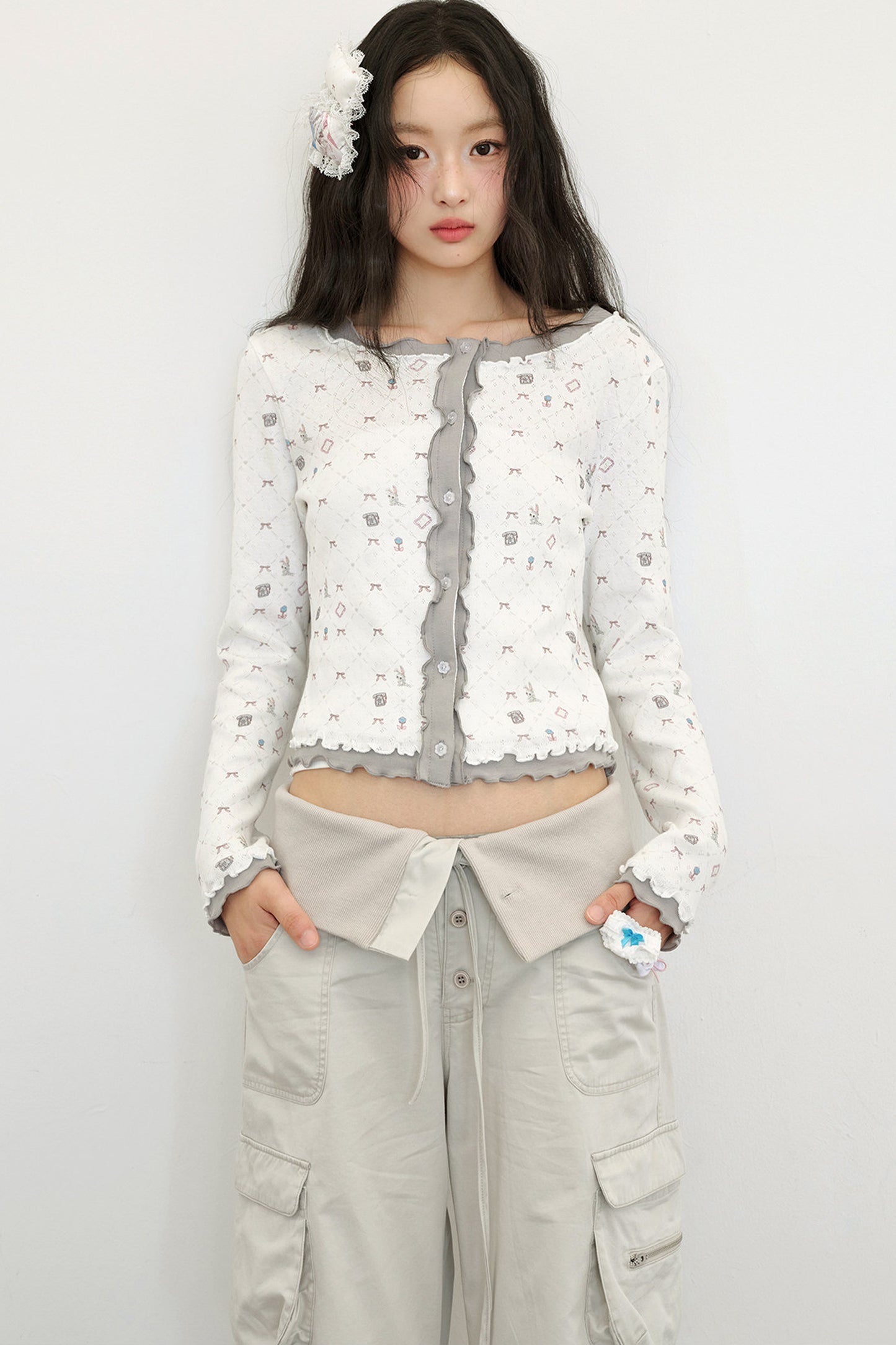Cardigan in maglia a maniche lunghe con stampa bicolore
