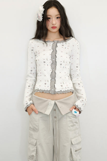 Cardigan in maglia a maniche lunghe con stampa bicolore