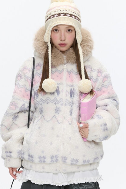 Beige Lamb Wool Fur Collar Jacket