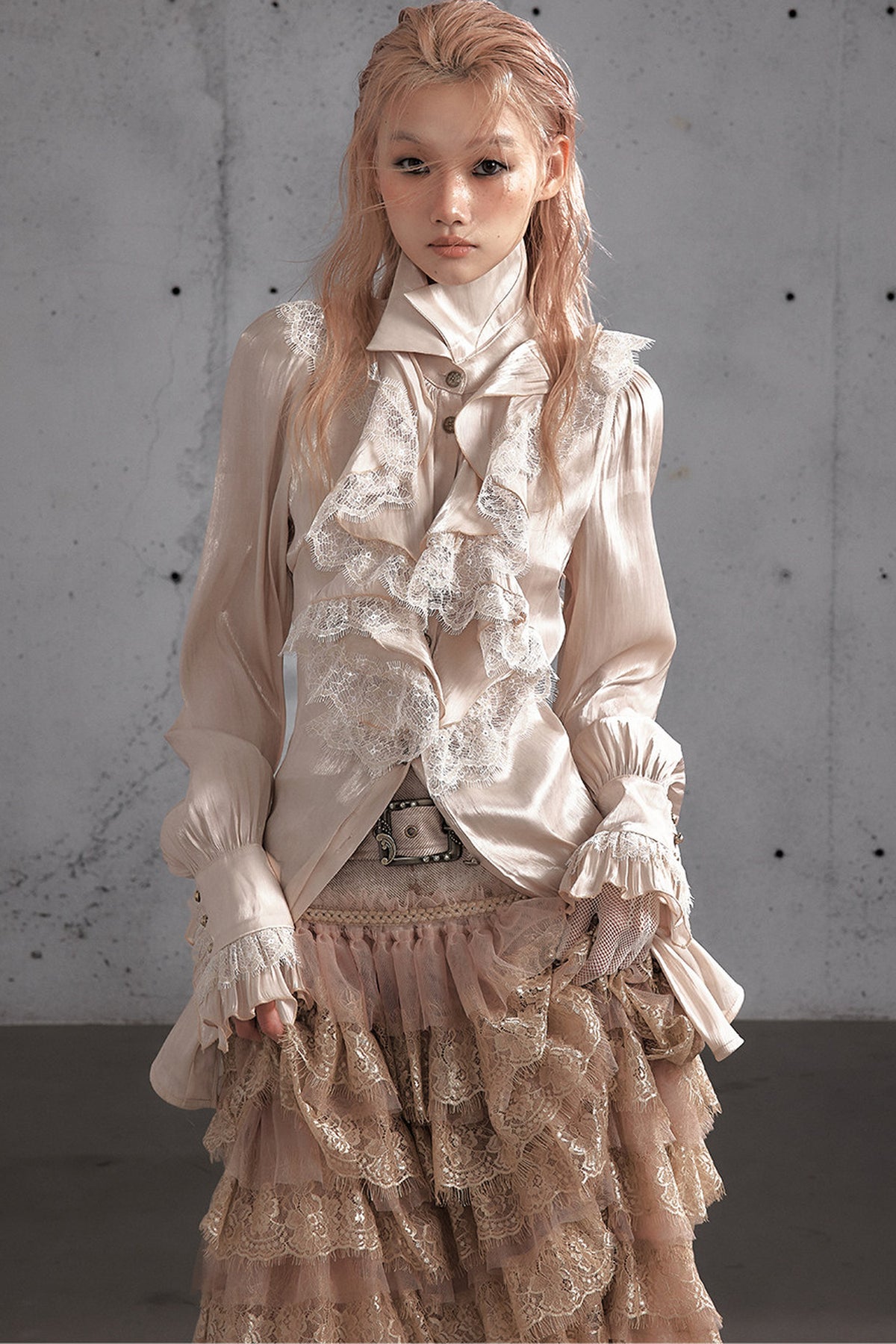Ruffled Lace Patchwork Satin Blouse