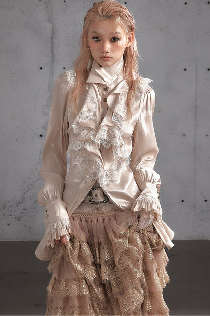 Ruffled Lace Patchwork Satin Blouse