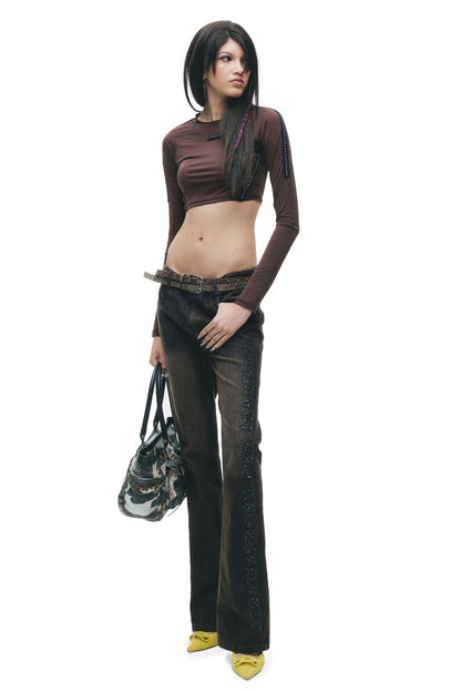 Rivet Contrast Stitching Leather Label T-shirt