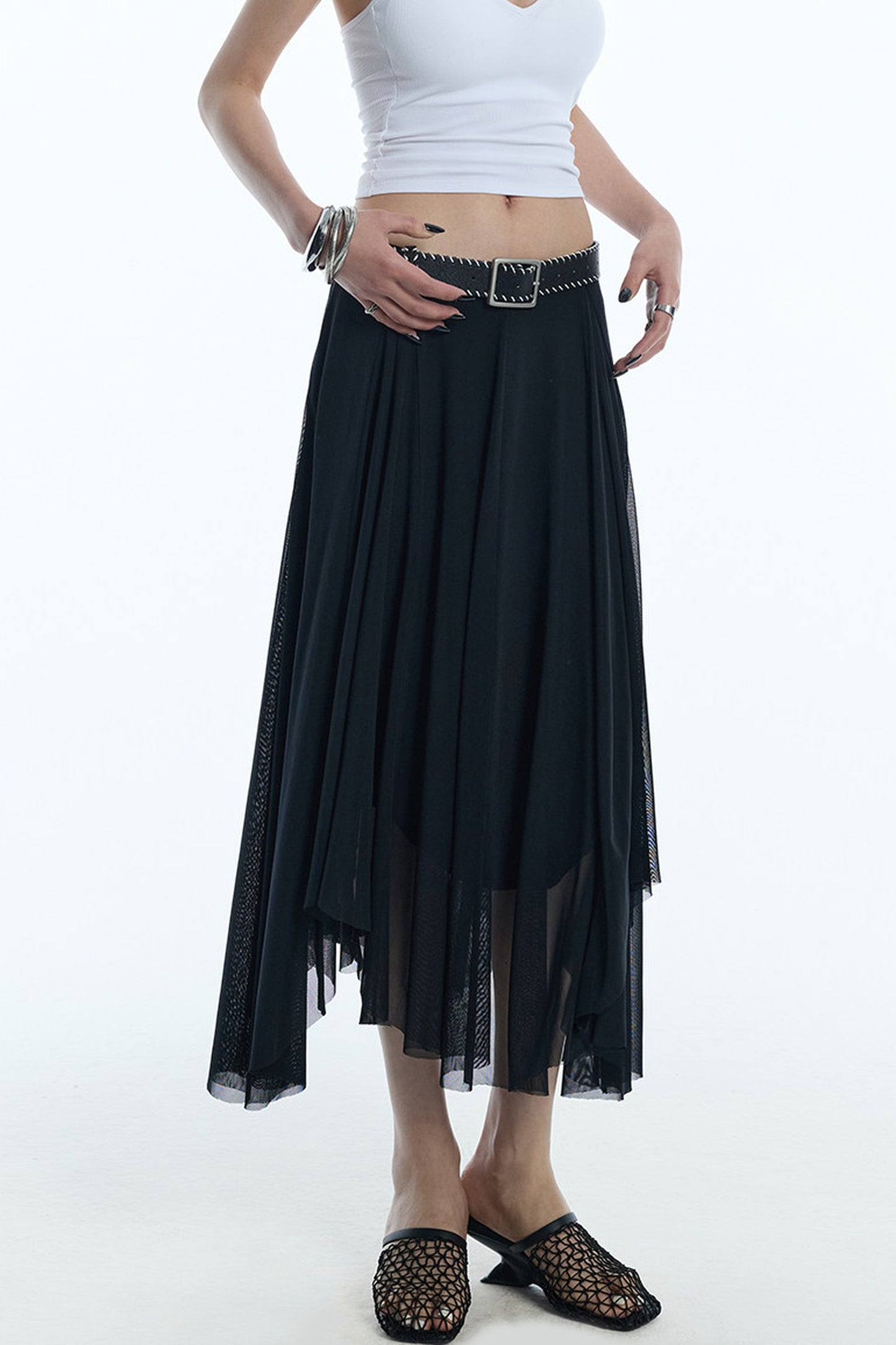 Asymmetrical Hem Mesh Skirt
