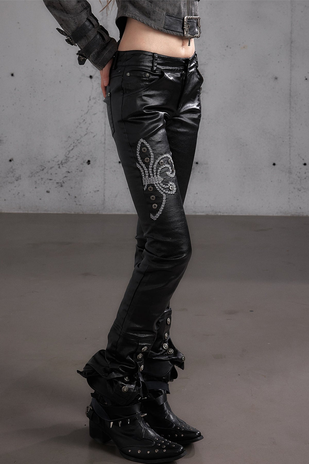 Punk Rock Embroidered Waxed Leather Pants