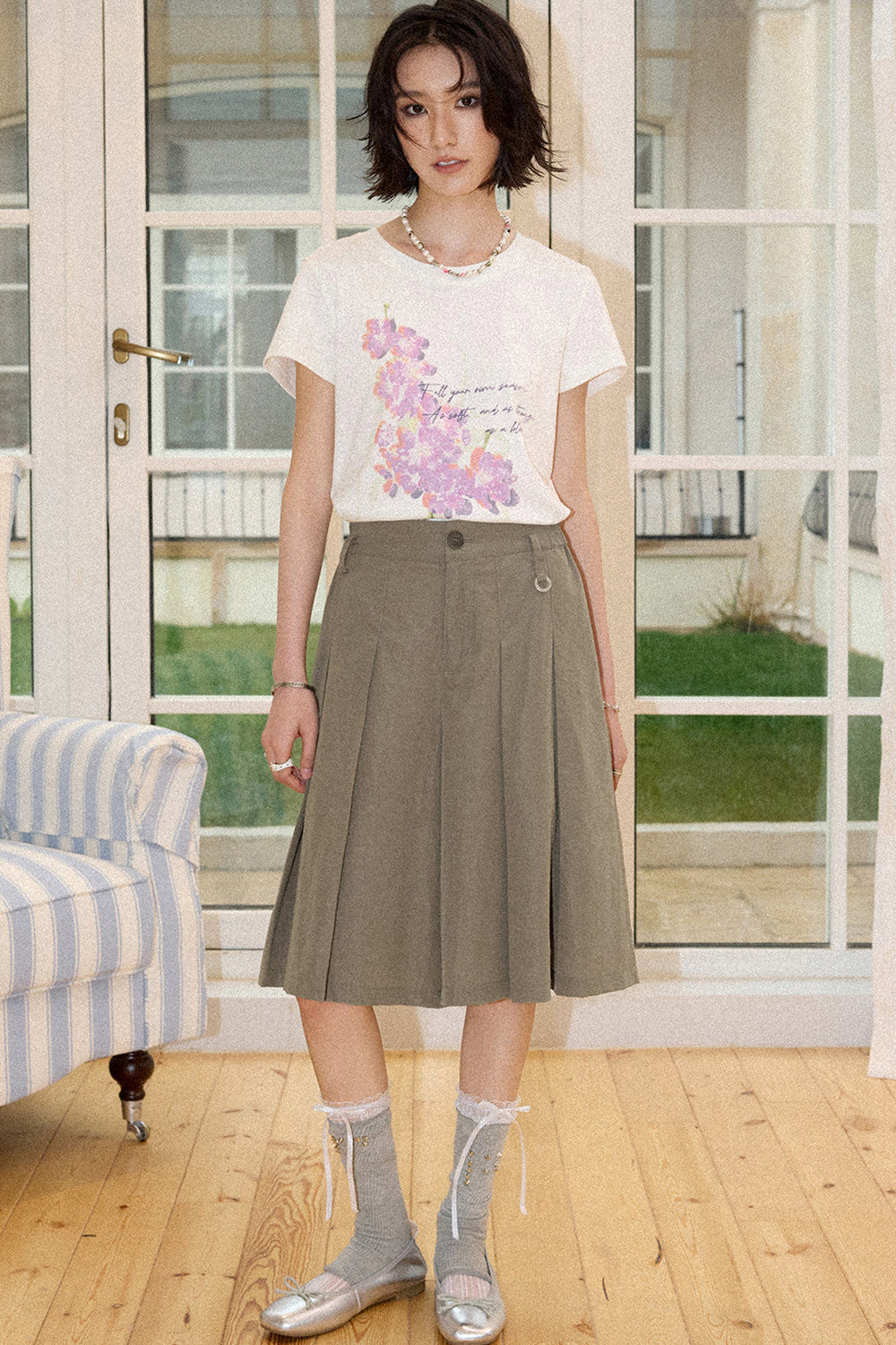 Mid-Length A-Line Pleated Skirt Pants