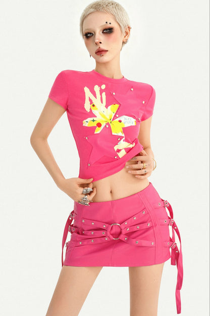 Studded Print Short Sleeve T-Shirt and Skirt Set-Up