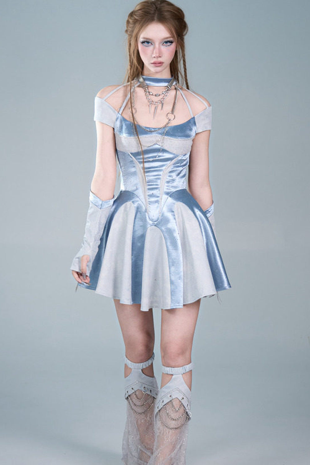 Y2K Blue Satin Halter A-Line Dress Set-Up