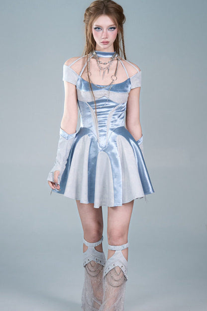 Y2K Blue Satin Halter A-Line Dress Set-Up