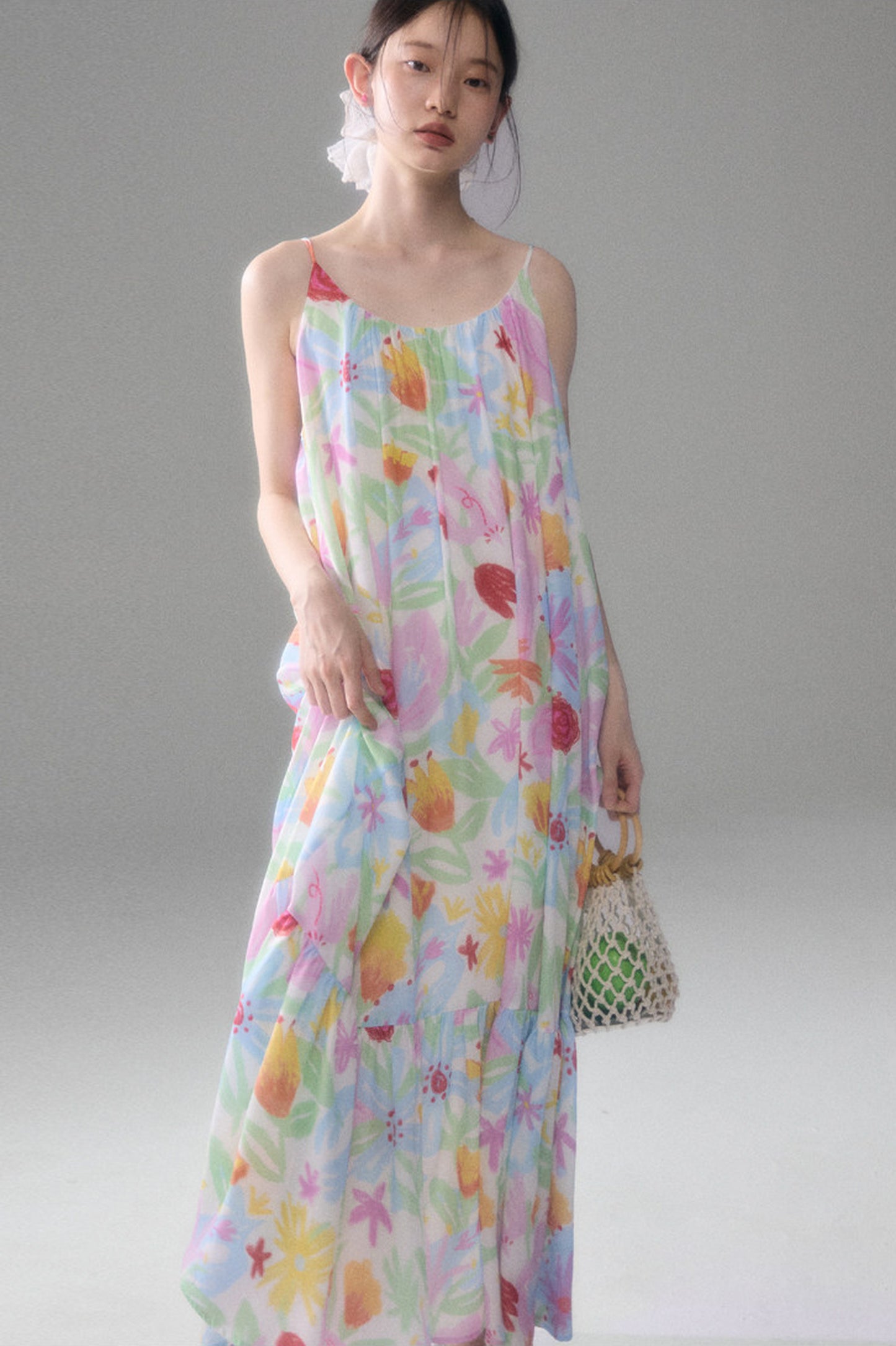 Hand-Painted Watercolor Flower Print Strap Dress