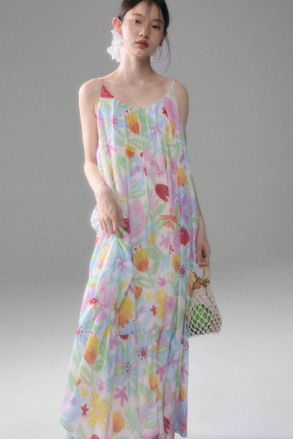 Hand-Painted Watercolor Flower Print Strap Dress