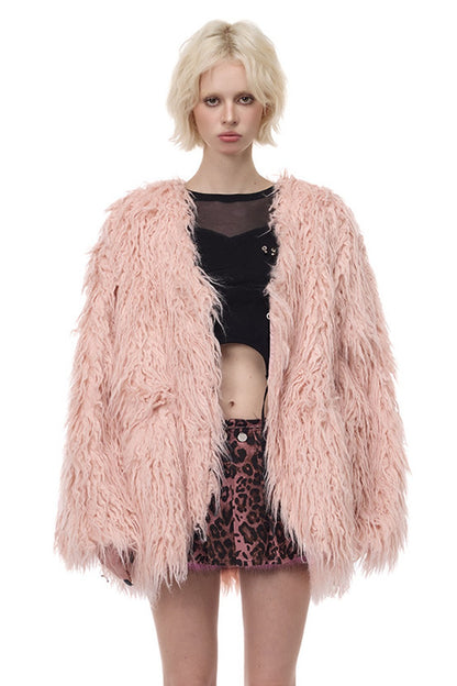 V-Neck Shaggy Contour Fur Jacket