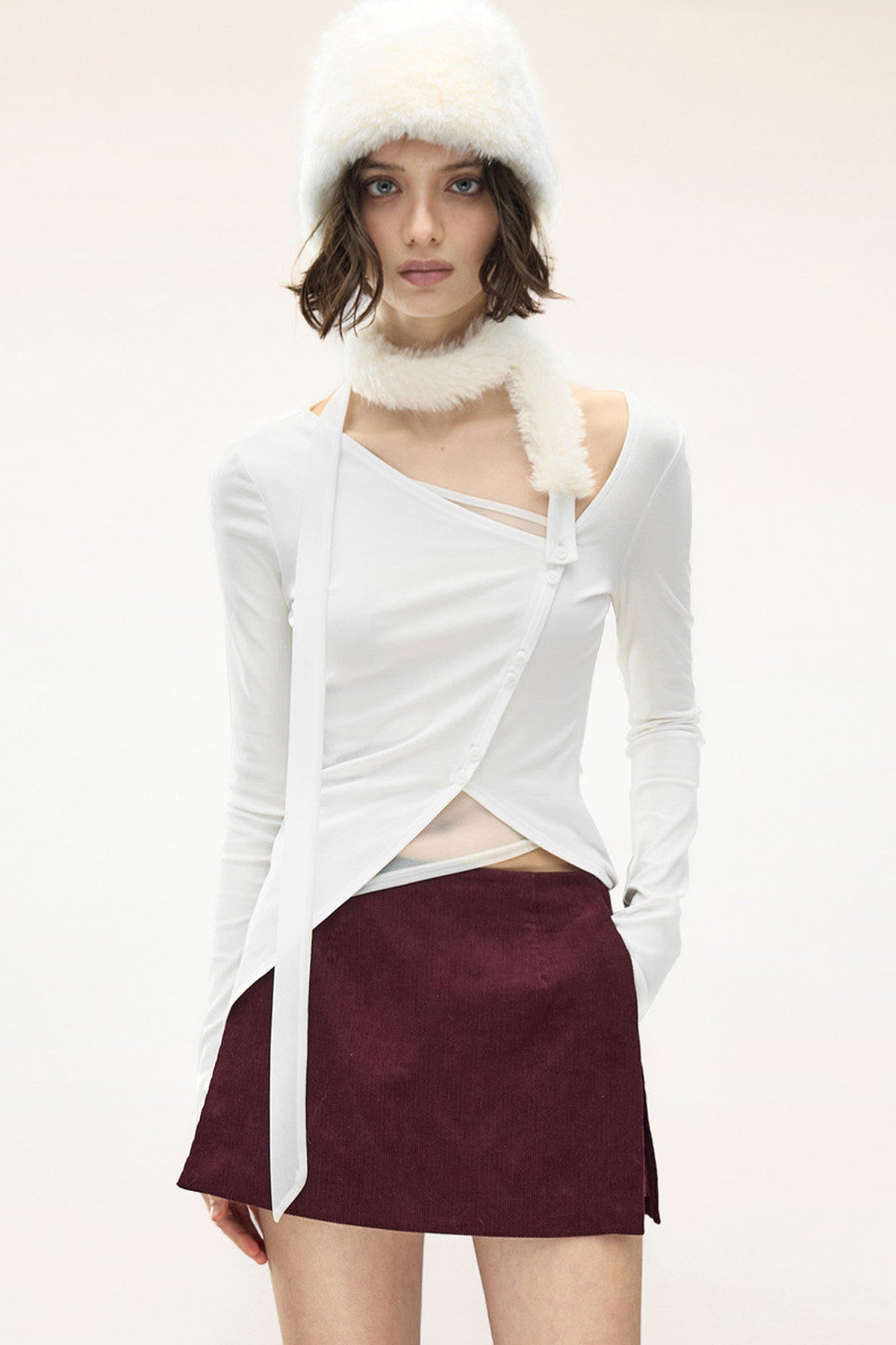 Detachable Fur Collar Irregular Placket Long-Sleeve T-Shirt