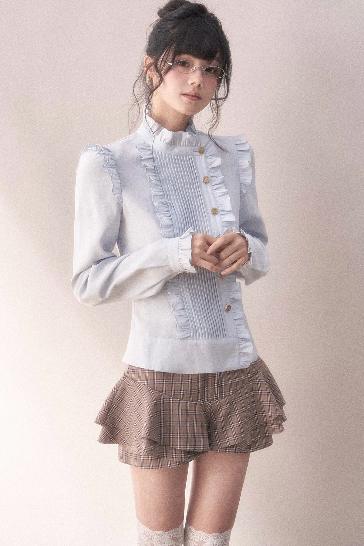 Pleated Lace Ruffle Asymmetrical Long-Sleeved Shirt