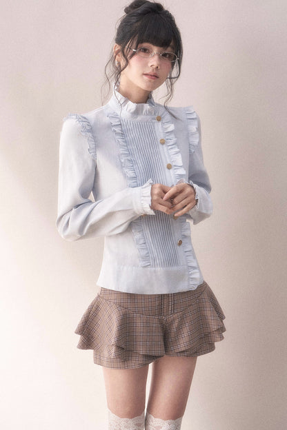 Pleated Lace Ruffle Asymmetrical Long-Sleeved Shirt