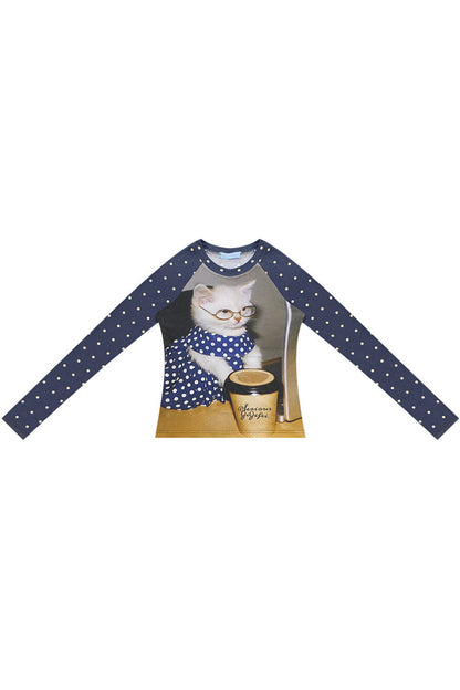 Tee-shirt raglan à imprimé chat et pois