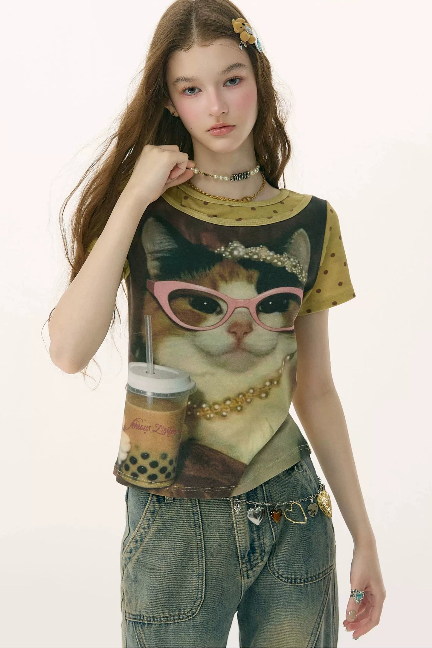 Retro Distressed Cat Print Yellow T-Shirt