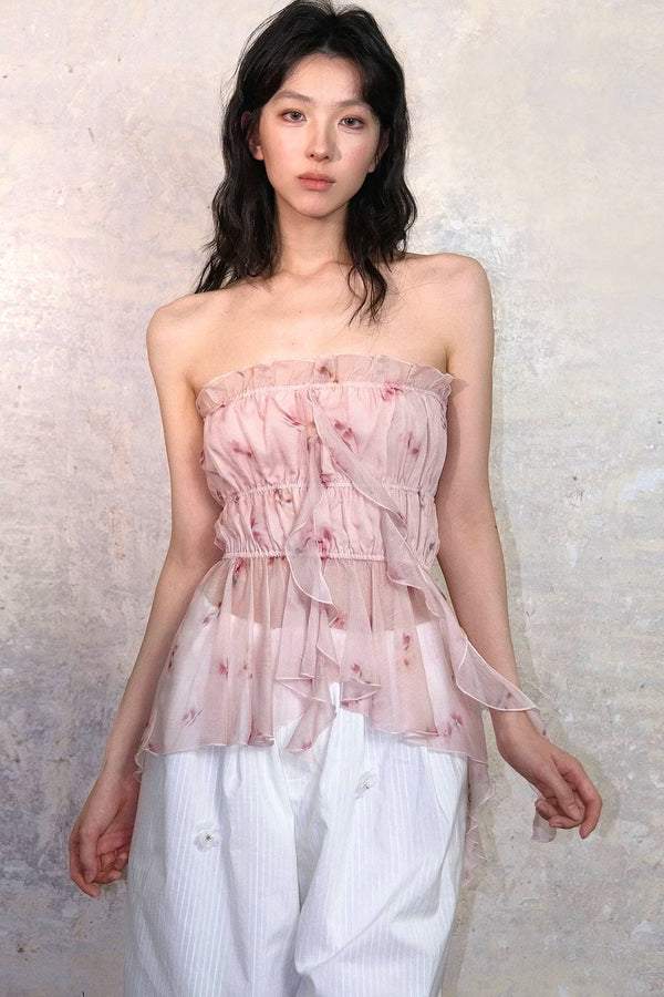 Printed Ruffled Pleated Tube Top