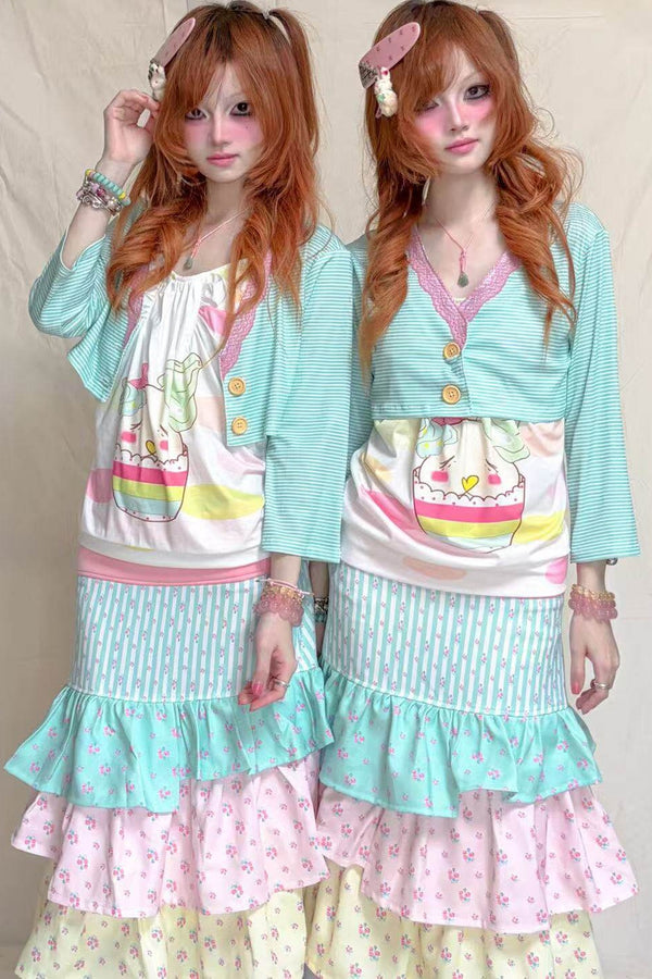 Mint Green Striped Mid-Sleeve Lace Jacket