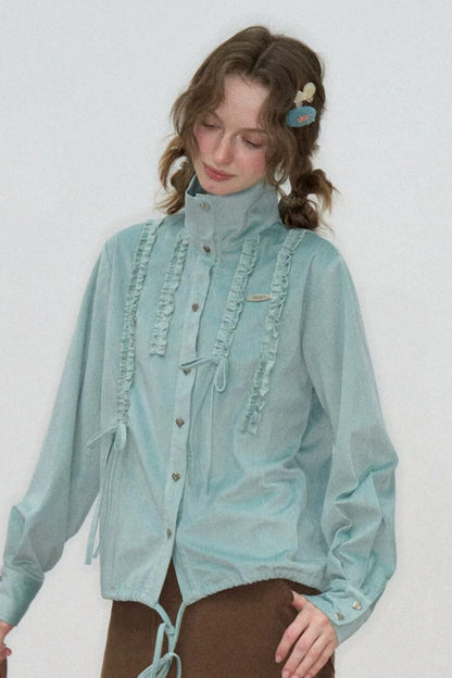 Lace Drawstring Stand Collar Shirt