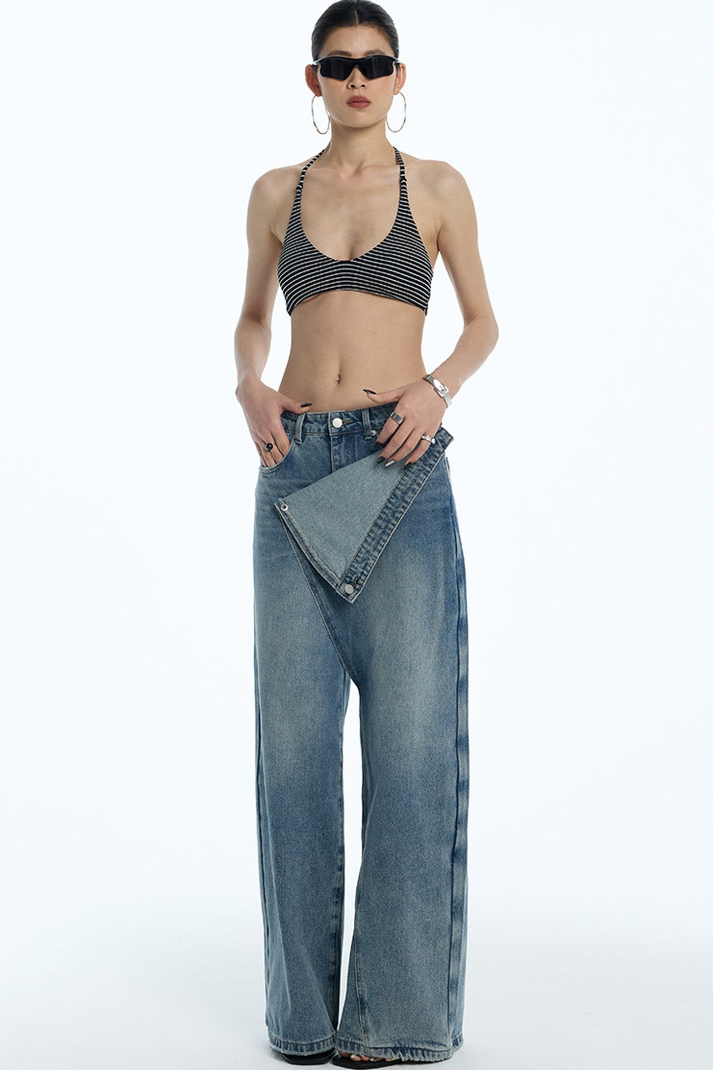 Asymmetrical Deconstructed Denim Wide-Leg Pants