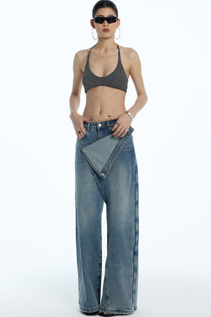 Asymmetrical Deconstructed Denim Wide-Leg Pants