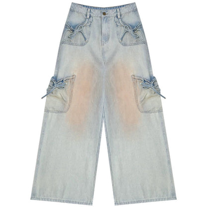 High-Waisted Bow-Knot Wide-Leg Denim Pants