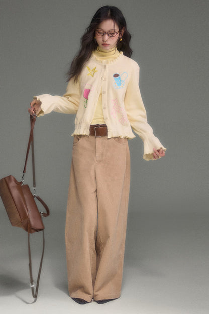 Hand-Painted Embroidered Bell-Sleeve Knit Cardigan