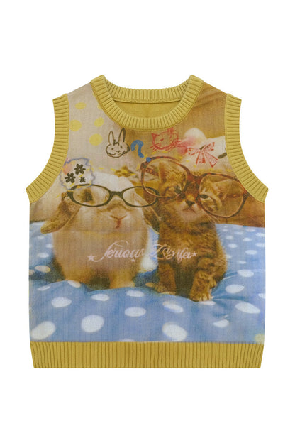 Cat Print Knit Vest