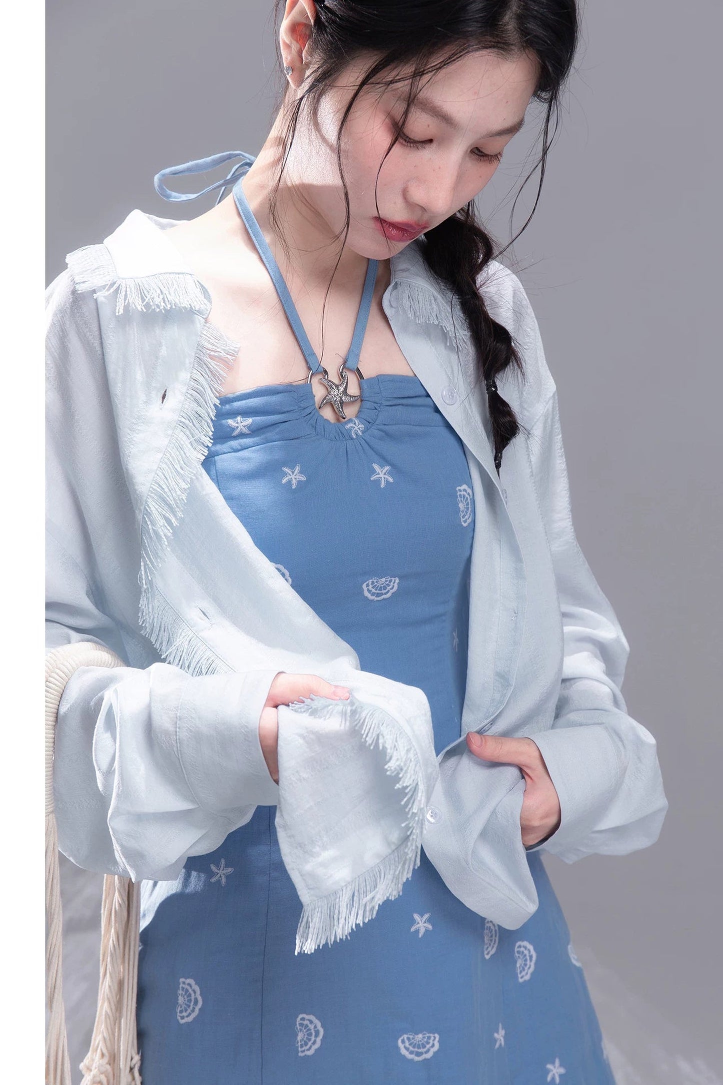 Star Mist Blue Tassel Lace Blouse