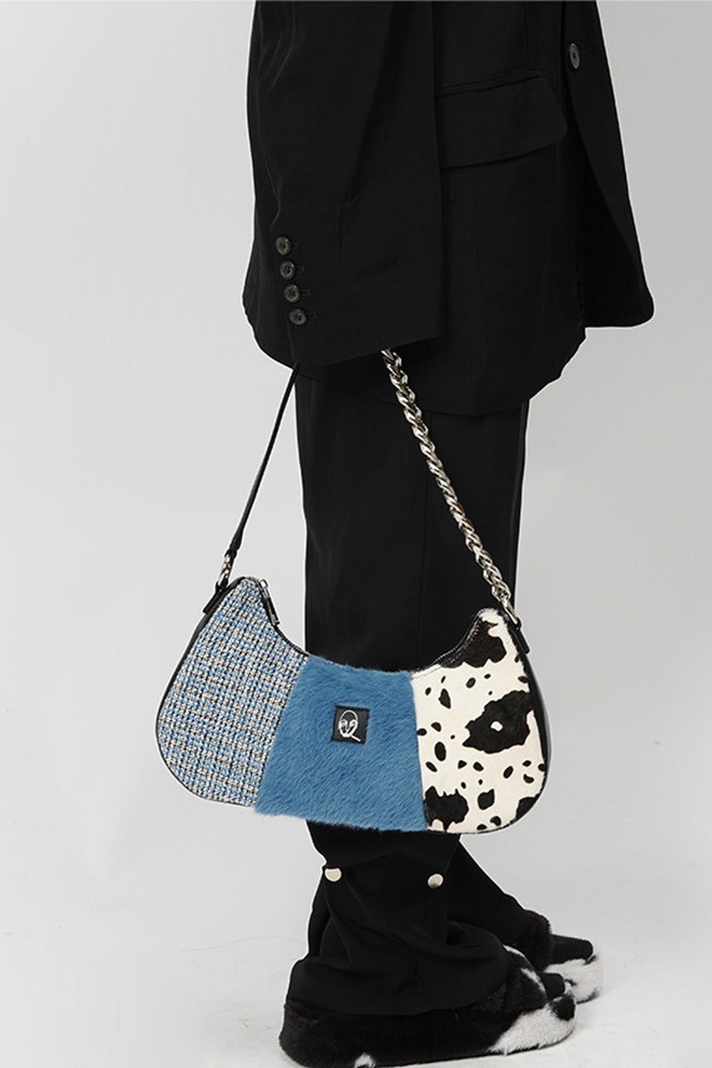 Genuine Leather Color-Block Crossbody Bag