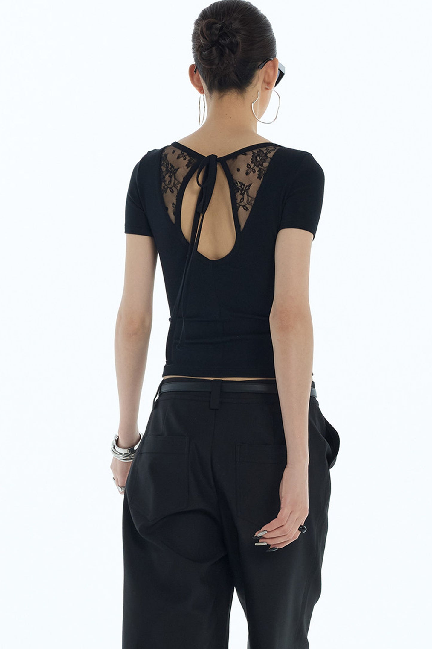 Lace Back Tie Short Sleeve Top