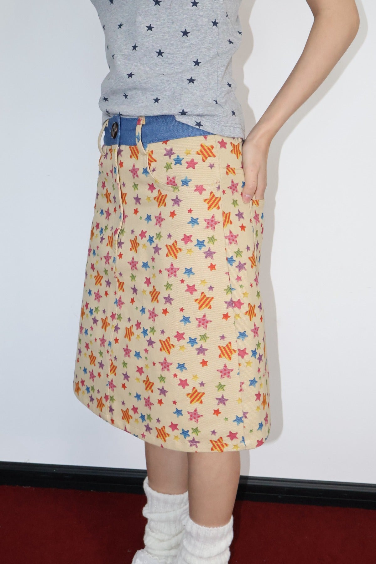 Star Print Mid-Waist A-Line Skirt