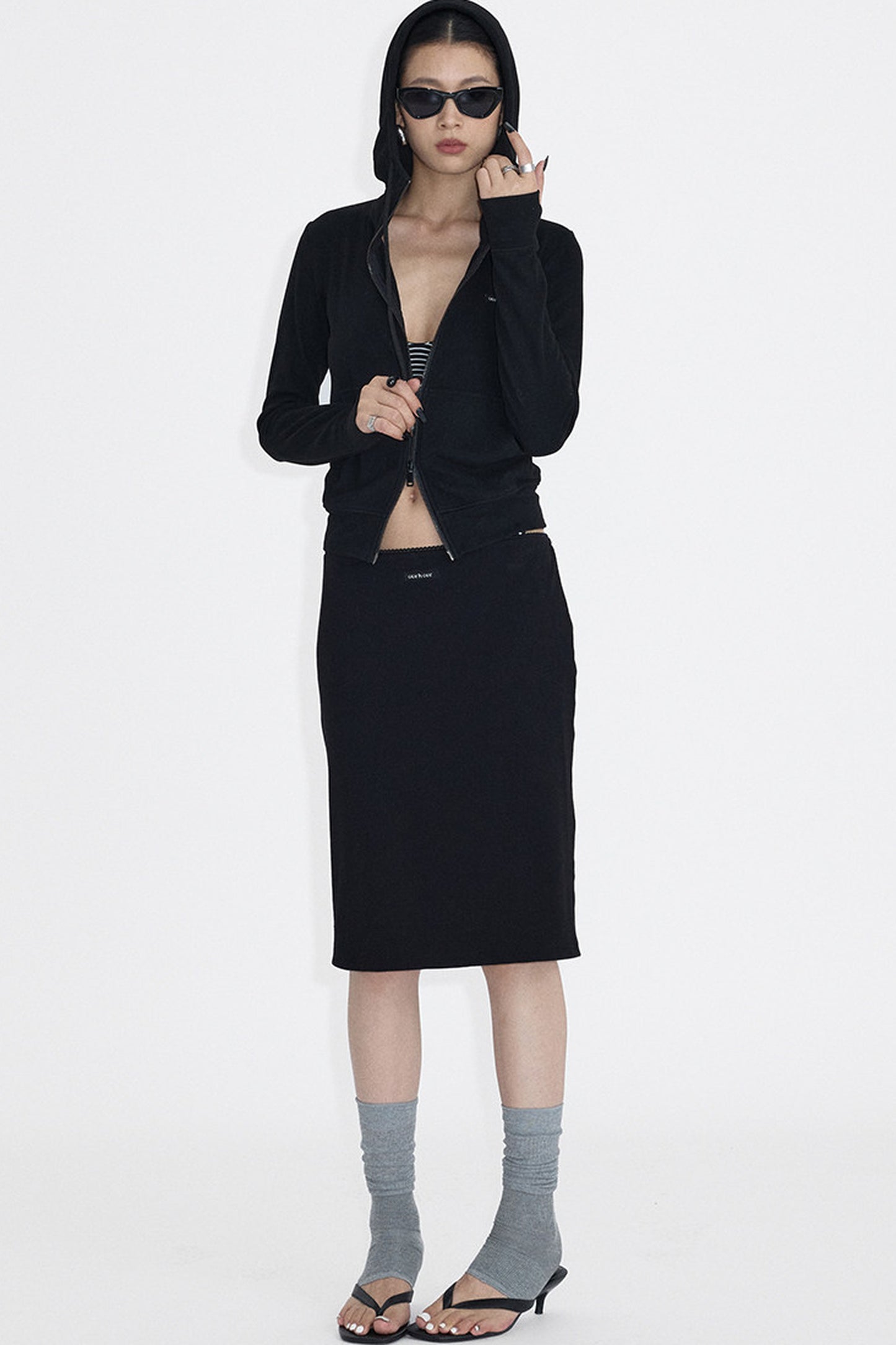 Hooded Zip Sweatshirt And Skirt Set-Up
