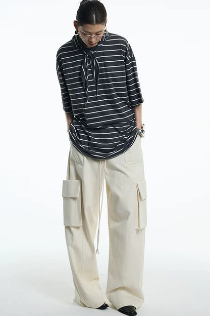 Oversize Gray White Striped Mid-Sleeve Tee