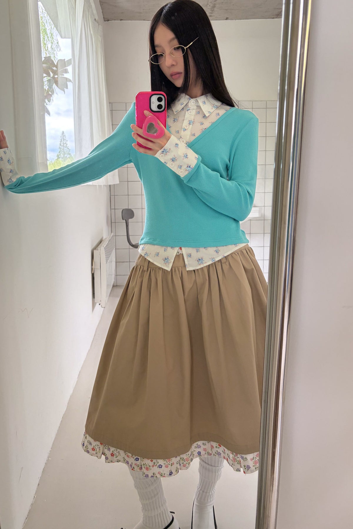 Mint Green Knit Floral Shirt Top