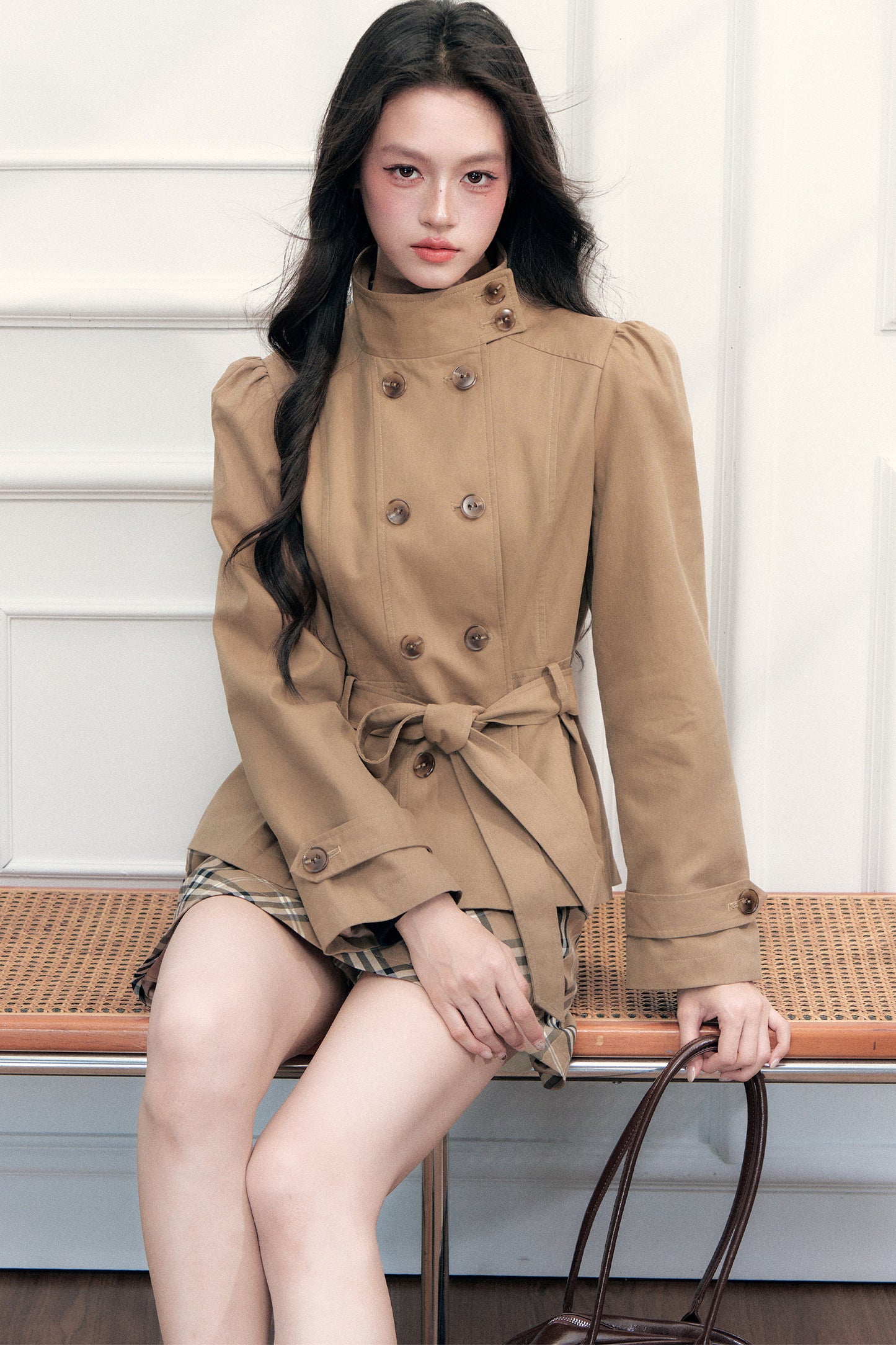 Retro Double-Breasted Trench Coat and Skirt Set-Up