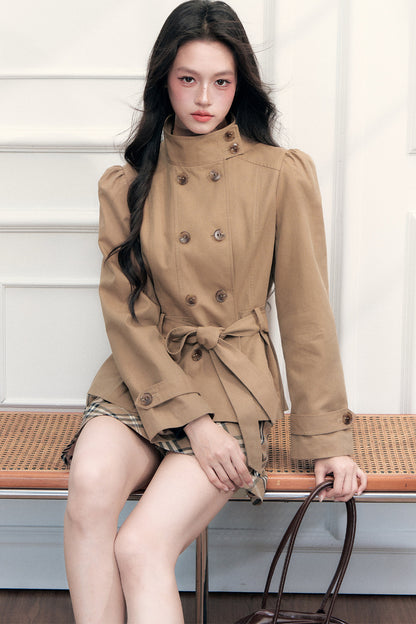 Retro Double-Breasted Trench Coat and Skirt Set-Up