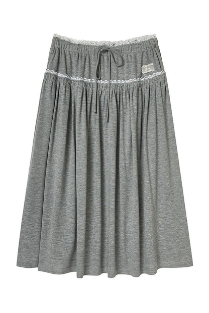 Gray Drawstring Lace Trim Midi Skirt