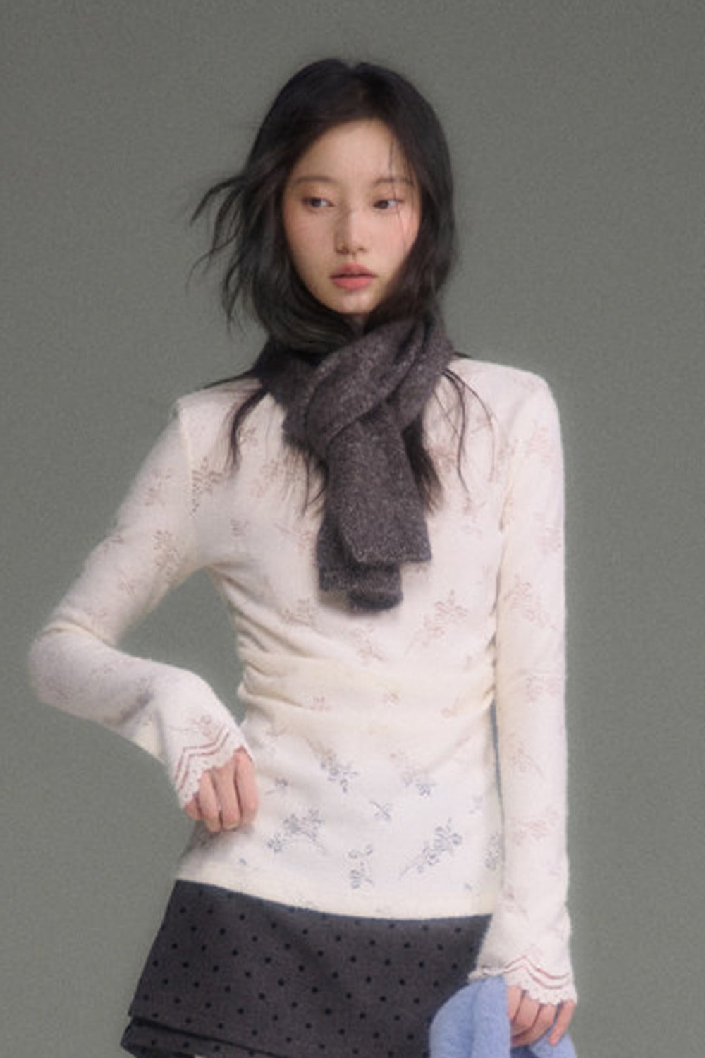 Youeruare Original Design Gardenia Mousse Hollow Lace Trim Knitted Base Shirt Long-Sleeve Top