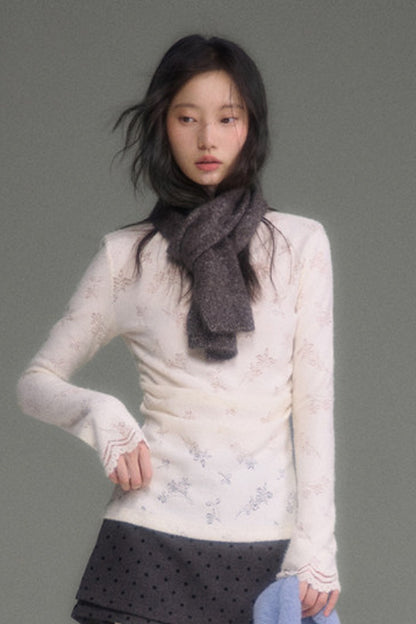 Youeruare Original Design Gardenia Mousse Hollow Lace Trim Knitted Base Shirt Long-Sleeve Top