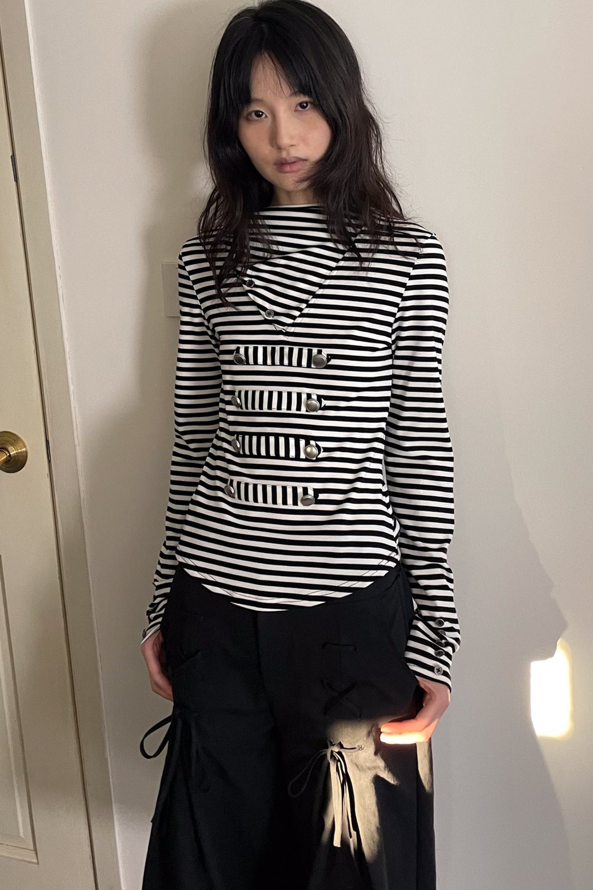 Metal Buckle Striped Knit Hood Top