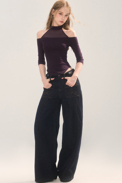 Pleated Pocket Wide Leg Jeans